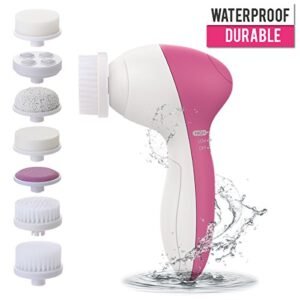 PIXNOR P2017 Waterproof Facial Cleansing Brush and Massager with 7 Brush Heads for Removing Blackhead, Exfoliating and Massaging (Classic Rosy)