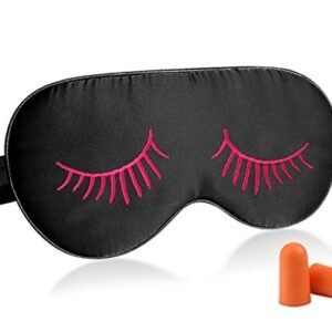 Fitglam Natural Silk Sleeping Mask with Eyelashes Patterns & Free Ear Plugs, Best Sleeping Eye Cover for Travel, Nap, Meditation, Blindfold with Adjustable Strap for Men, Women or Kids(Rose)