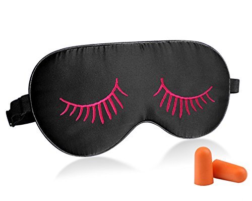 Fitglam Natural Silk Sleeping Mask with Eyelashes Patterns & Free Ear Plugs, Best Sleeping Eye Cover for Travel, Nap, Meditation, Blindfold with Adjustable Strap for Men, Women or Kids(Rose)