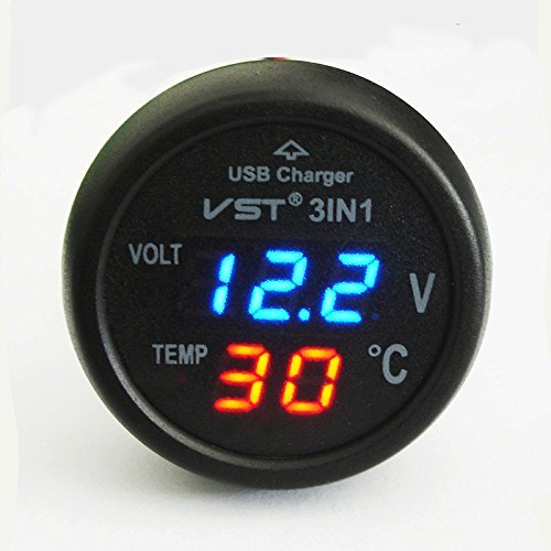 IZTOSS Universal blue Cigarette Lighter Car usb port charger Digital LED Display Voltmeter Thermometer Auto Gauge 3in1 12V-24V Battery Voltage Tester Temperature Monitor Meter