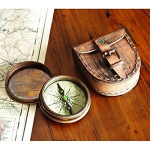 Antiqued Brass Poem Compass With Leather Case