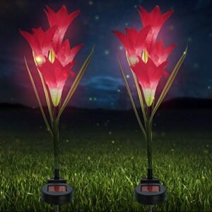 Sorbus LED Flower Light Lily Stakes, 2 Pack Solar Multi-color Changing 8 LED Outdoor Garden Flowers, for Lawn, Garden, Patio, Night Lighting, Path Walkway, Gravestones, Wedding, (2 Red Color Changing)