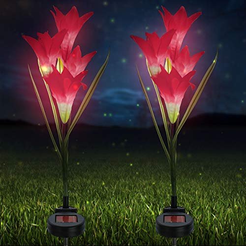 Sorbus LED Flower Light Lily Stakes, 2 Pack Solar Multi-color Changing 8 LED Outdoor Garden Flowers, for Lawn, Garden, Patio, Night Lighting, Path Walkway, Gravestones, Wedding, (2 Red Color Changing)