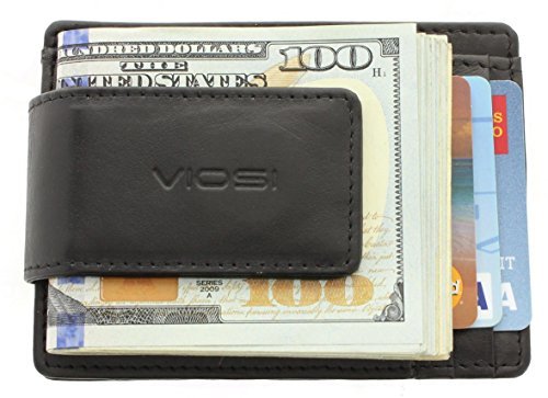 Viosi Genuine Kingston Leather Black Front Pocket Money Clip Made with Powerful RARE EARTH Magnets and Gift Box