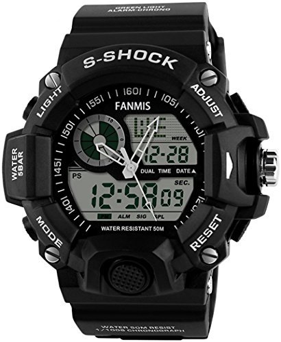 Fanmis Men Analog Display Waterproof Multifunctional LED Military Quartz Sport Wrist Watch - Black