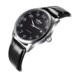 VIGOROSO Mens Watches Automatic Mechanical Black Dial Leather Strap Wrist Watch