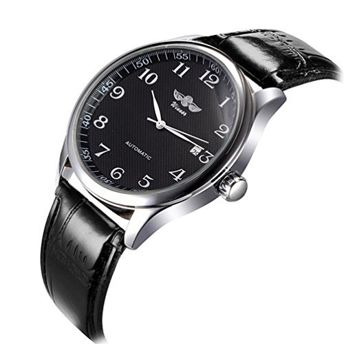 VIGOROSO Mens Watches Automatic Mechanical Black Dial Leather Strap Wrist Watch