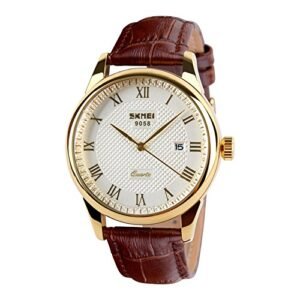 CakCity Men s Business Analogou Casual Watches Quartz Waterproof Wrist Watch with Golden Dial Brown Leather Band