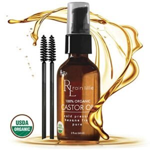 Organic Castor Oil for Hair Growth, Eyelashes, Eyebrows and Skin. Cold Pressed Hexane Free Haircare by Rain Lillie
