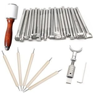 Gimiton Leather Carving Working Saddle Making Tools with Adjustable Swivel Knife Leather Cutting Tool Wooden Handle Nylon Hammer Ball Stylus Dotting Tools Set Kit for Sewing Leather