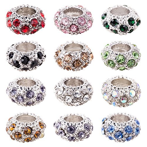 Pandahall 100PCS Mixed Color Alloy Rhinestone Large Hole European Beads, Platinum- 11x6mm, Hole: 5mm