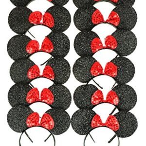 RufNTop Mickey and Minnie Mouse Sparkled Ears Headband for Boys and Girls Costume Accessory for Birthday Party or Celebrations(Sparkled Black set of 12)
