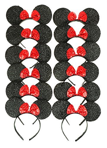 RufNTop Mickey and Minnie Mouse Sparkled Ears Headband for Boys and Girls Costume Accessory for Birthday Party or Celebrations(Sparkled Black set of 12)